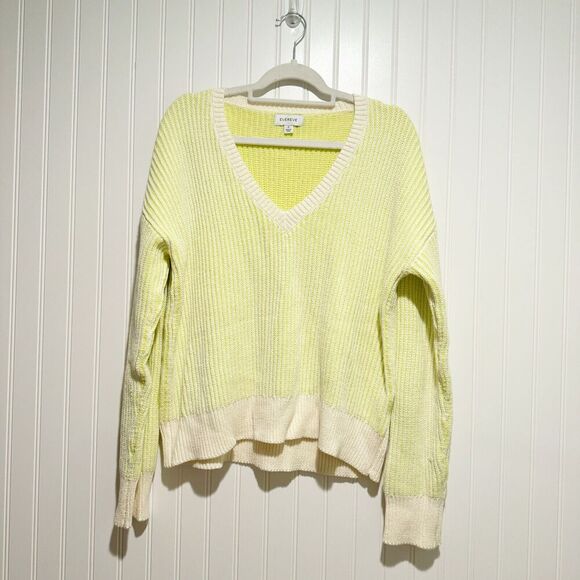 Evereve Riane V Neck Pullover Sweater Neon Yellow White - Picture 2 of 6